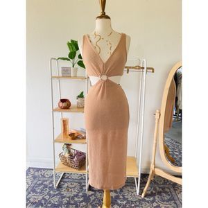 Boutique Cut Out Maxi Tan Textured Summer Dress
